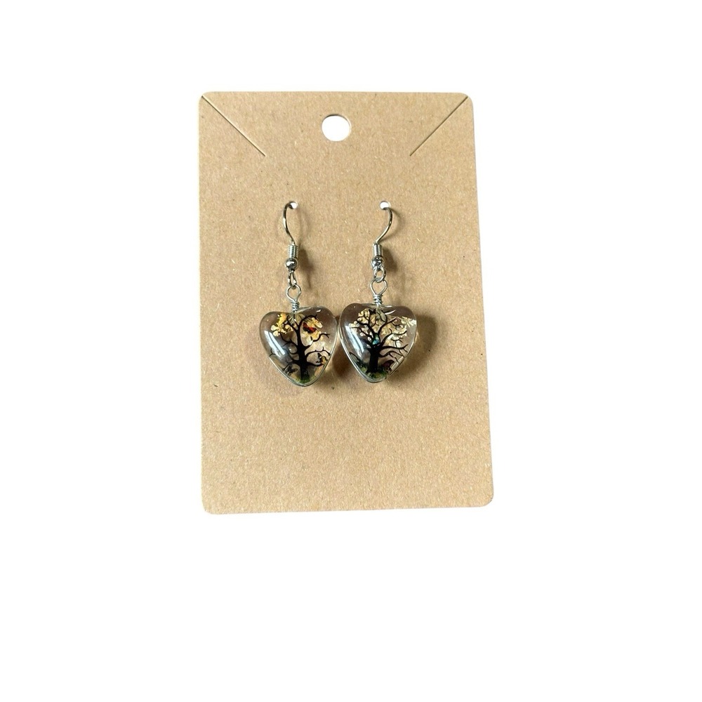 Handmade Tree of Life Heart Resin Earrings Gold Leaf Silver Tone Drop Dangle‎